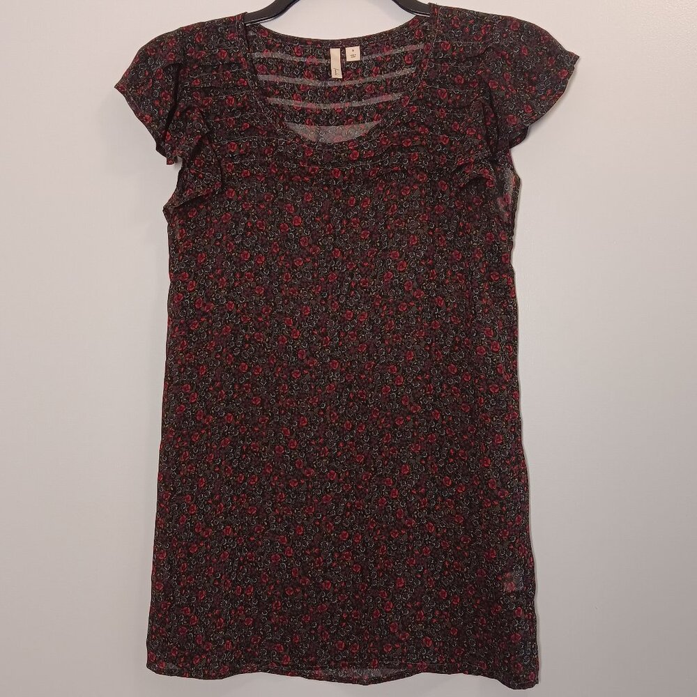 Frenchi Sheer Tunic Top, Black/Red Floral, Ruffles, Women's S